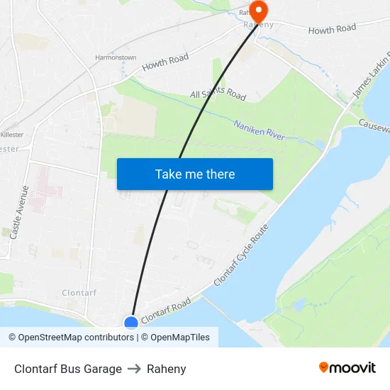 Clontarf Bus Garage to Raheny map