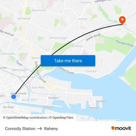 Connolly Station to Raheny map