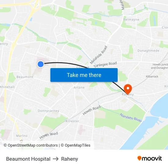 Beaumont Hospital to Raheny map