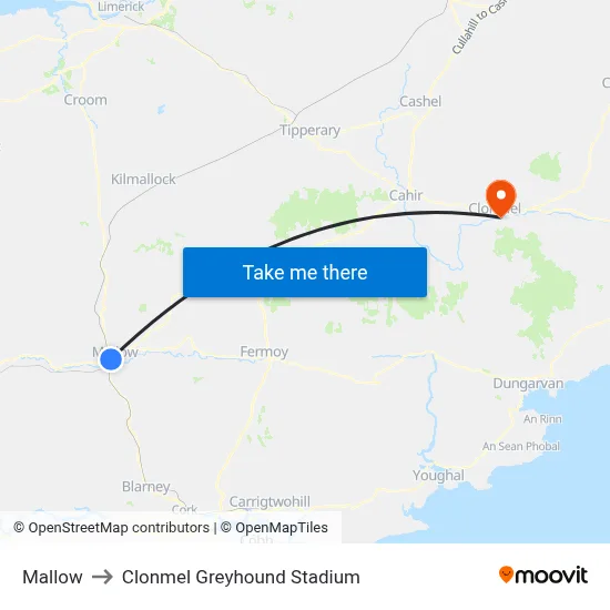 Mallow to Clonmel Greyhound Stadium map