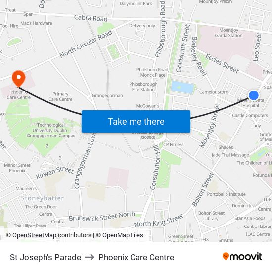 St Joseph's Parade to Phoenix Care Centre map