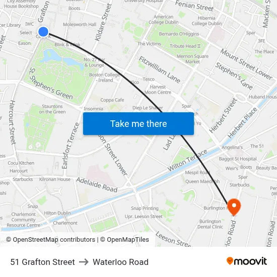 51 Grafton Street to Waterloo Road map