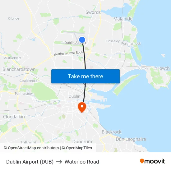 Dublin Airport (DUB) to Waterloo Road map