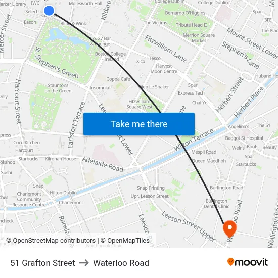 51 Grafton Street to Waterloo Road map