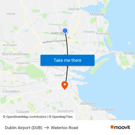 Dublin Airport (DUB) to Waterloo Road map