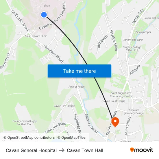 Cavan General Hospital to Cavan Town Hall map