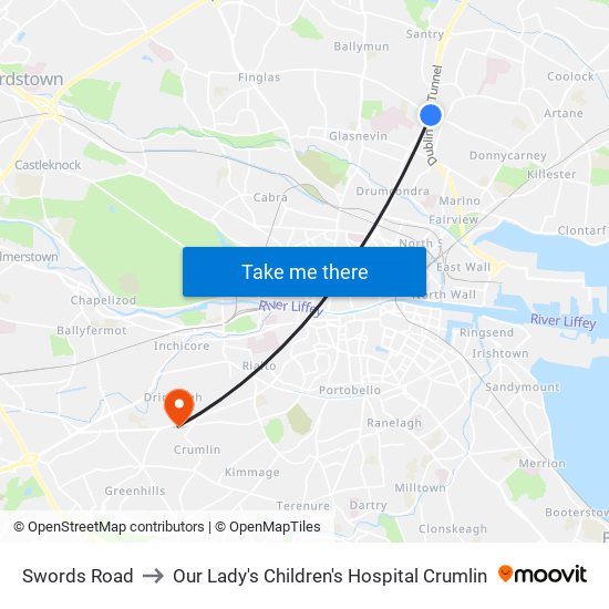 Swords Road to Our Lady's Children's Hospital Crumlin map