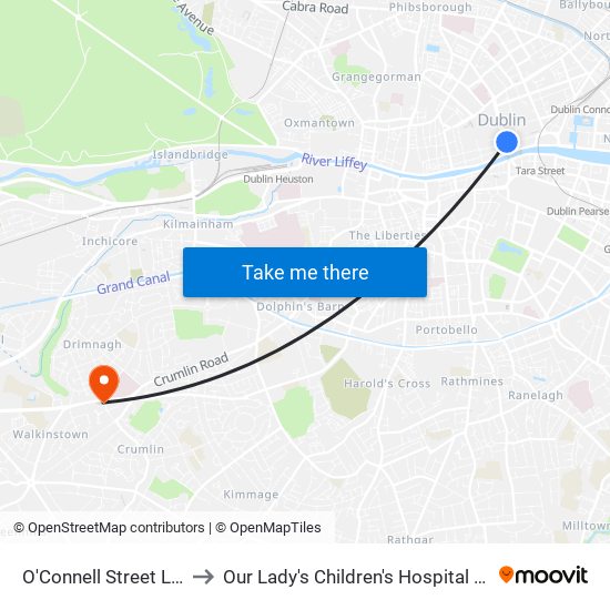 O'Connell Street Lower to Our Lady's Children's Hospital Crumlin map