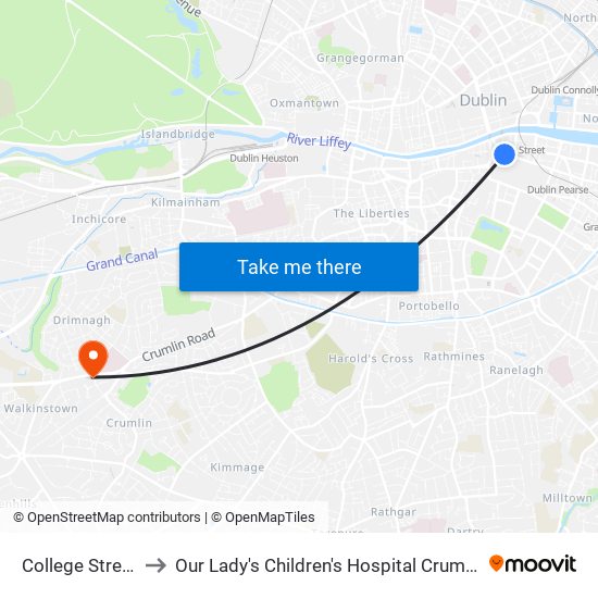College Street to Our Lady's Children's Hospital Crumlin map
