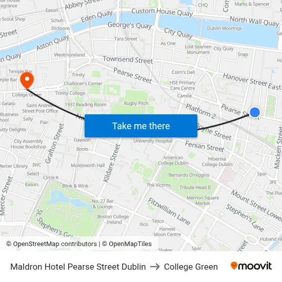 Maldron Hotel Pearse Street Dublin to College Green map