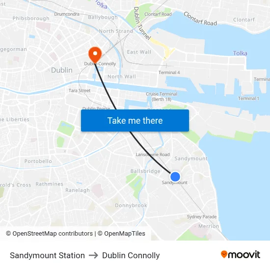 Sandymount Station to Dublin Connolly map