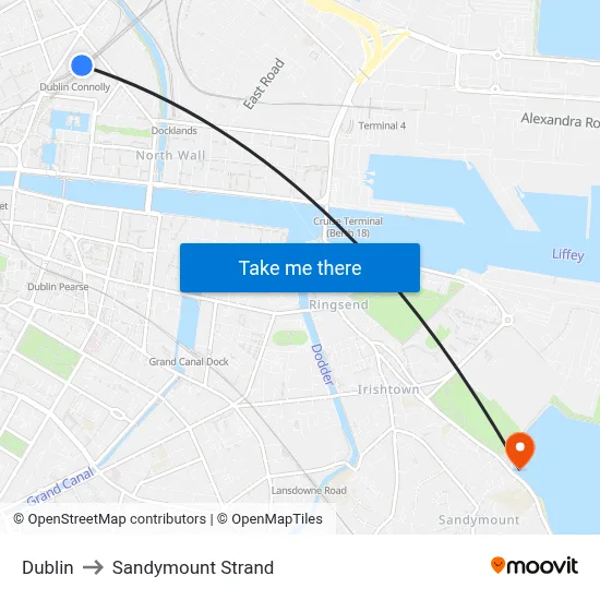 Dublin to Sandymount Strand map