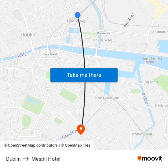 Dublin to Mespil Hotel map