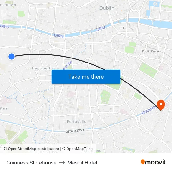 Guinness Storehouse to Mespil Hotel map