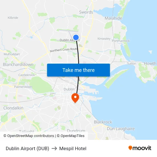 Dublin Airport (DUB) to Mespil Hotel map