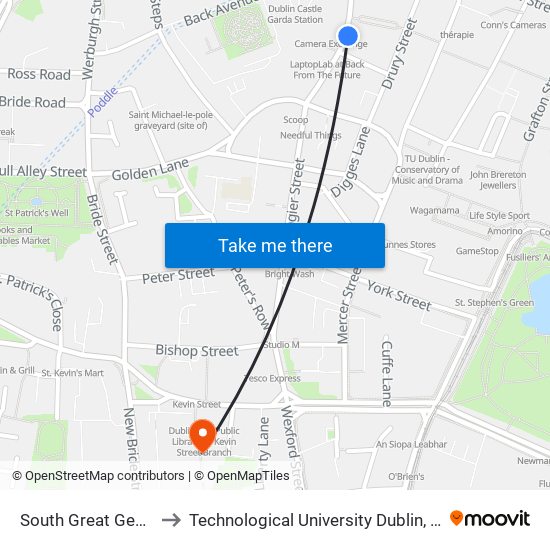 South Great George's Street to Technological University Dublin, Kevin Street Campus map