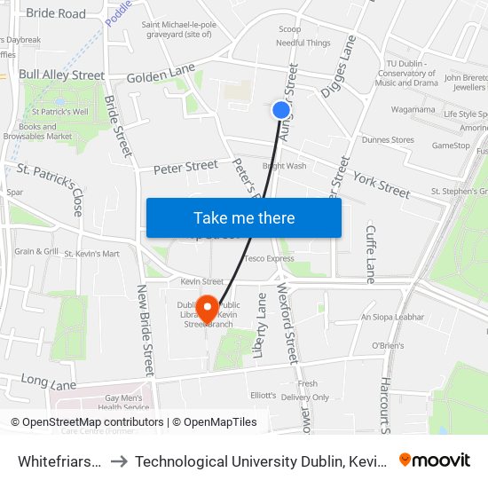 Whitefriars Street to Technological University Dublin, Kevin Street Campus map