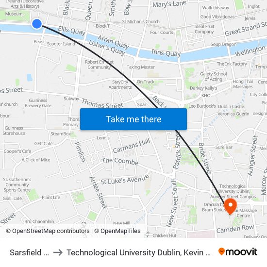 Sarsfield Quay to Technological University Dublin, Kevin Street Campus map