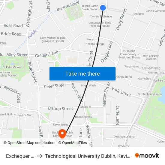 Exchequer Street to Technological University Dublin, Kevin Street Campus map