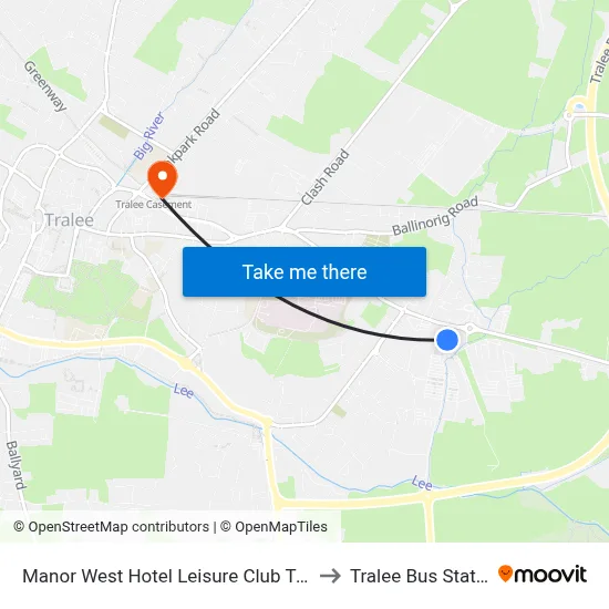 Manor West Hotel Leisure Club Tralee to Tralee Bus Station map