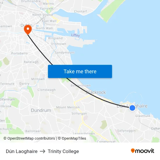 Dún Laoghaire to Trinity College map