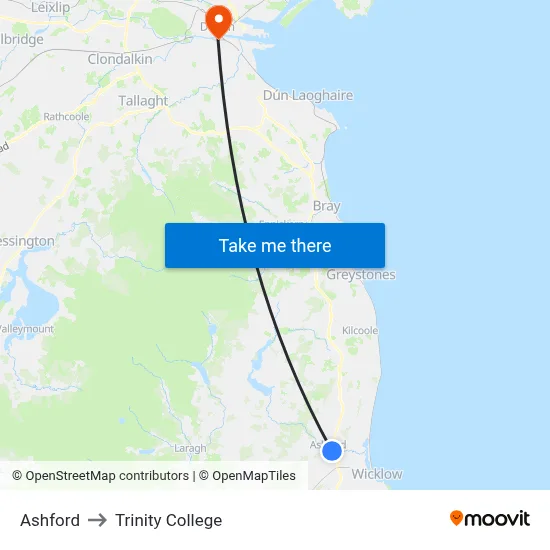 Ashford to Trinity College map