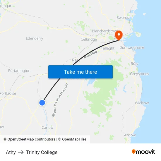 Athy to Trinity College map