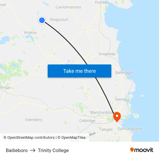 Bailieboro to Trinity College map