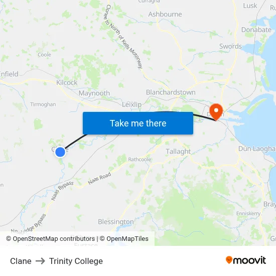 Clane to Trinity College map