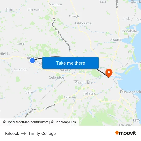 Kilcock to Trinity College map