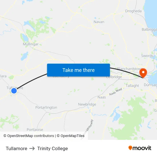 Tullamore to Trinity College map