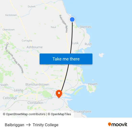 Balbriggan to Trinity College map