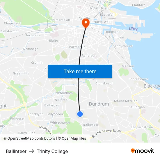 Ballinteer to Trinity College map