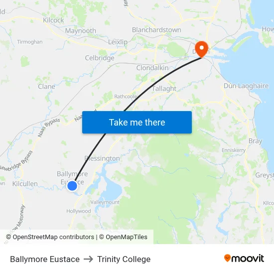 Ballymore Eustace to Trinity College map