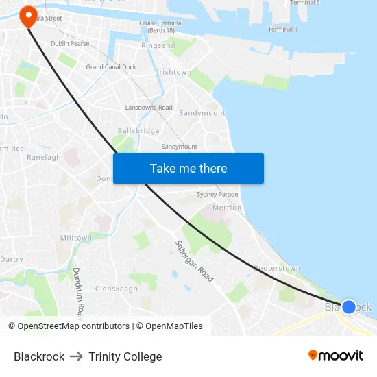 Blackrock to Trinity College map