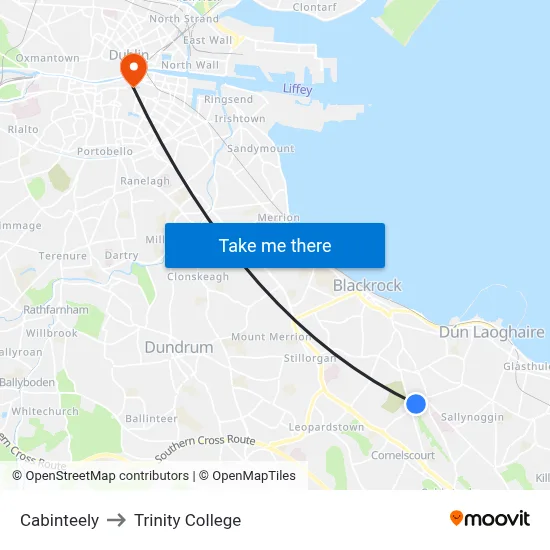 Cabinteely to Trinity College map