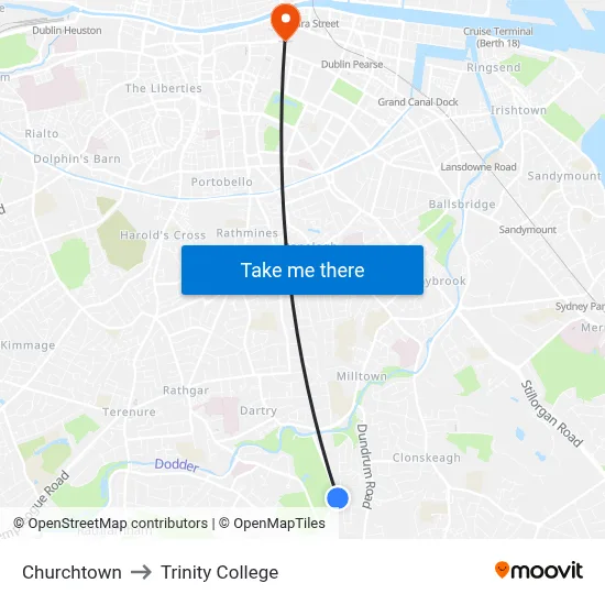 Churchtown to Trinity College map