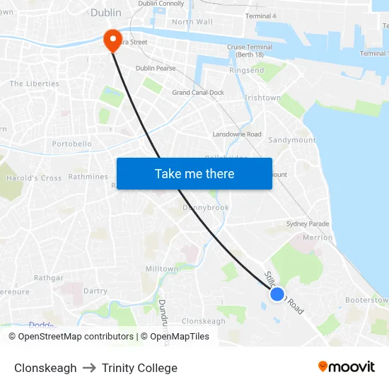 Clonskeagh to Trinity College map