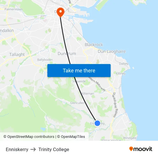 Enniskerry to Trinity College map
