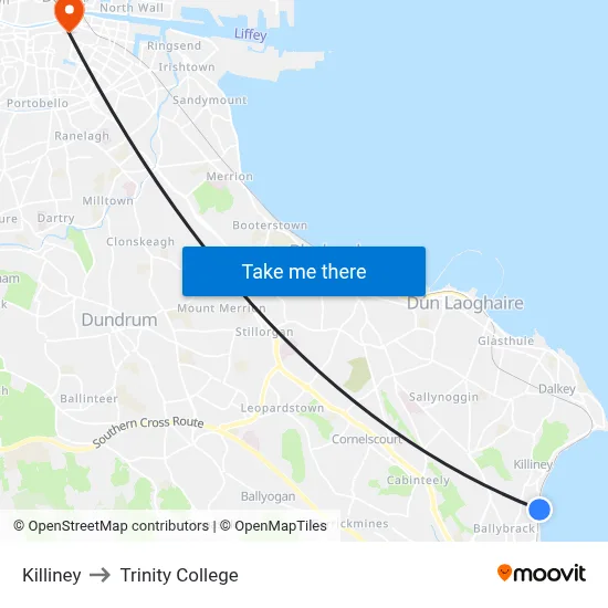 Killiney to Trinity College map