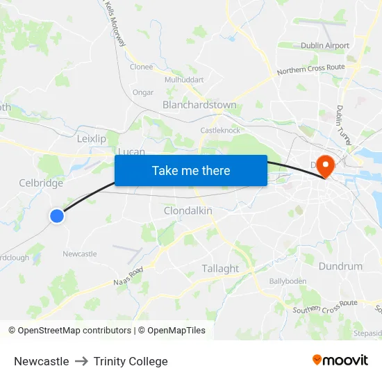 Newcastle to Trinity College map