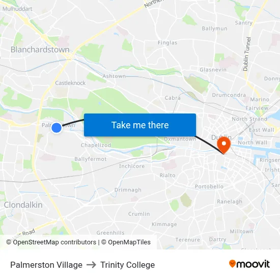 Palmerston Village to Trinity College map