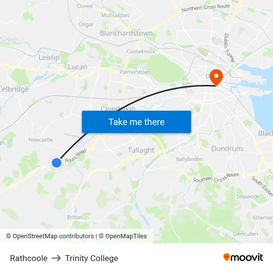 Rathcoole to Trinity College map