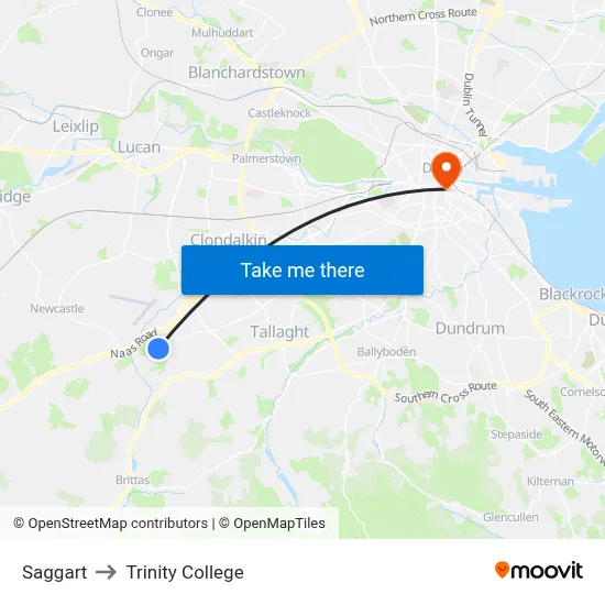 Saggart to Trinity College map
