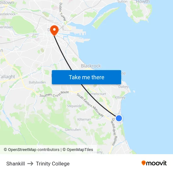 Shankill to Trinity College map