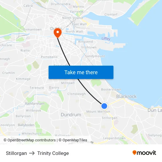 Stillorgan to Trinity College map