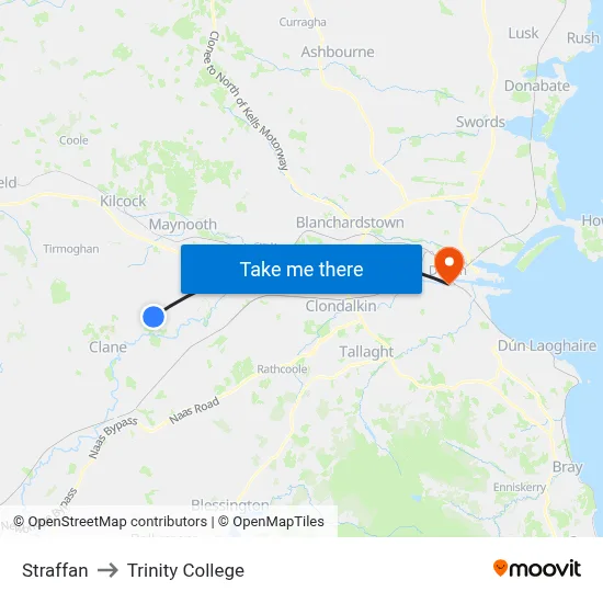 Straffan to Trinity College map