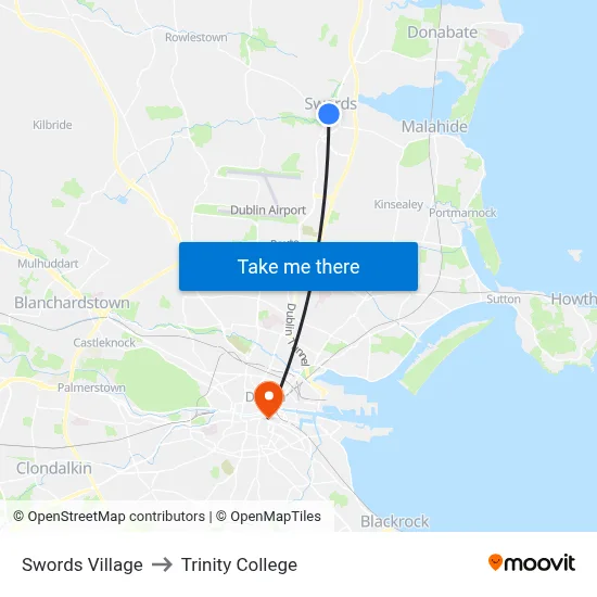 Swords Village to Trinity College map