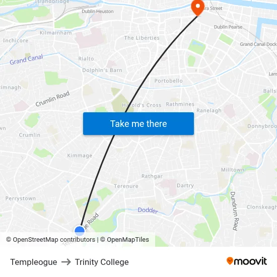 Templeogue to Trinity College map