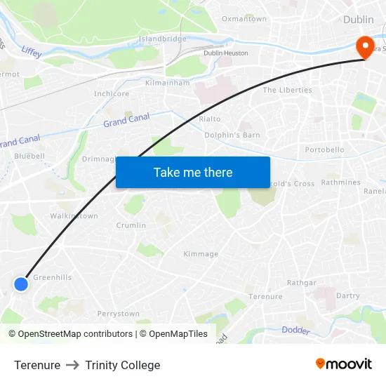 Terenure to Trinity College map